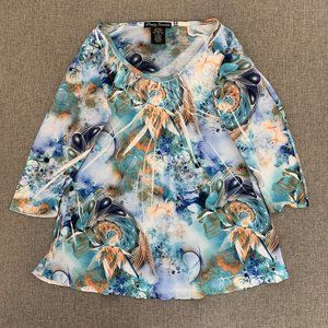 Simply Irresistible Floral Shirt Medium Scoop Neck 3/4 Sleeves Blue Teal Orange